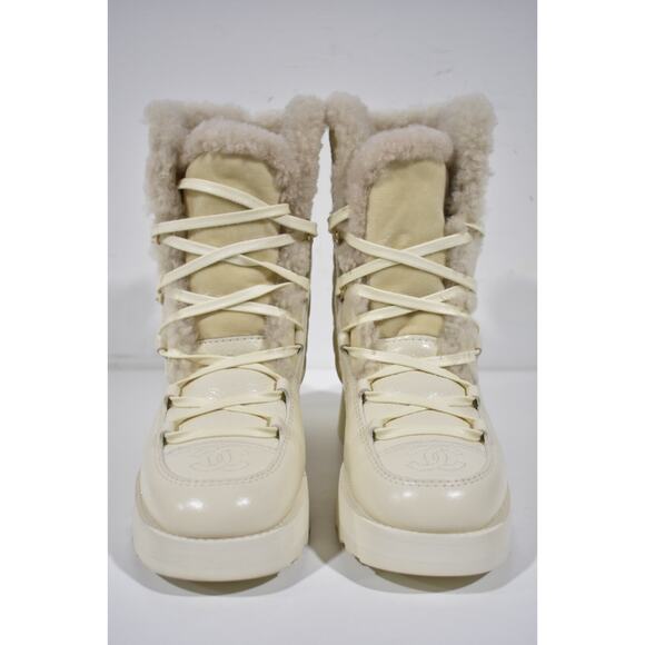 Chanel 21K Ivory Velvet Shearling Fur Brave CC Lace Up Tie Ankle Tall Boots 36 - Picture 5 of 12